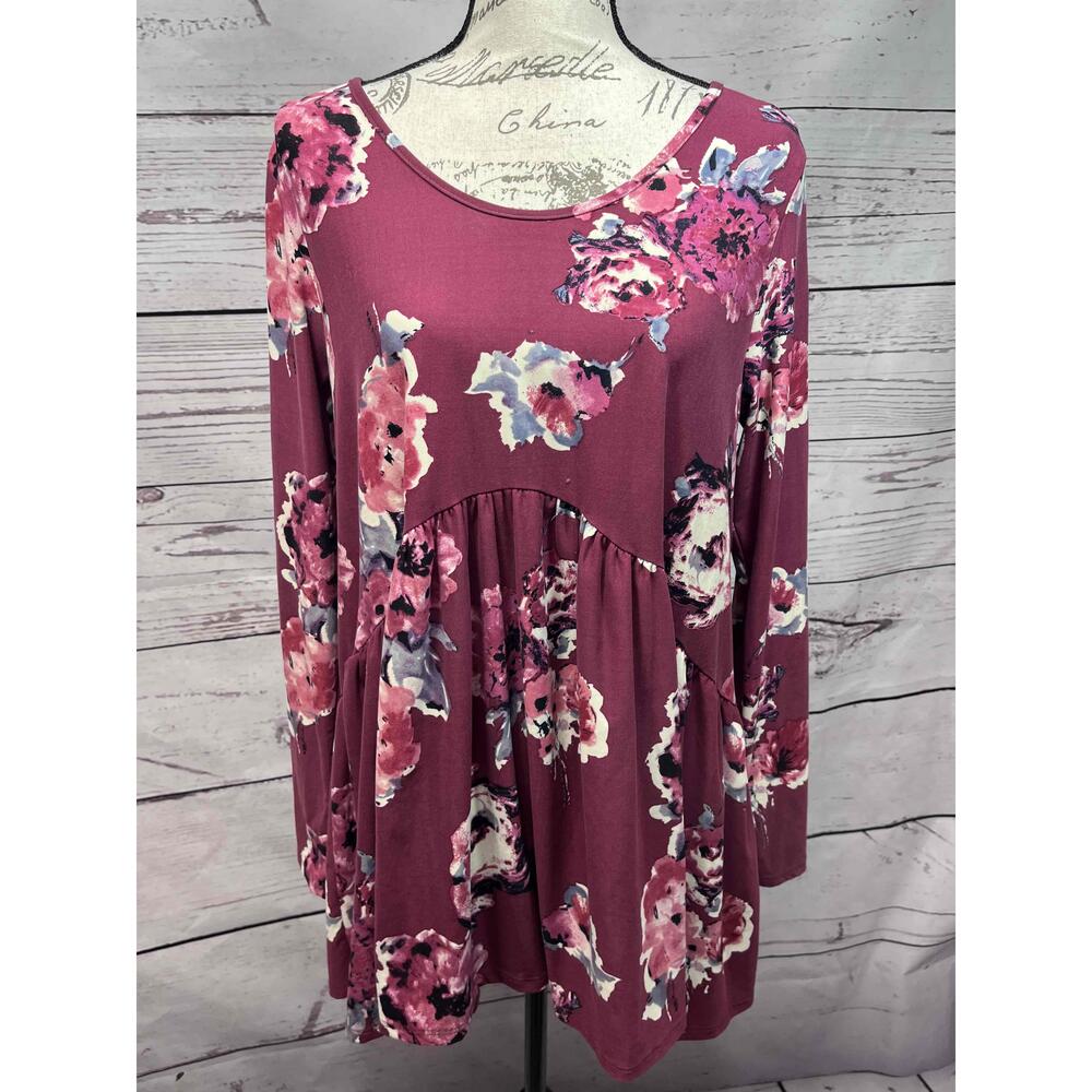Agnes Dora Large Pink Floral Pattern Long Sleeve T Shirt Babydoll‎ Blouse